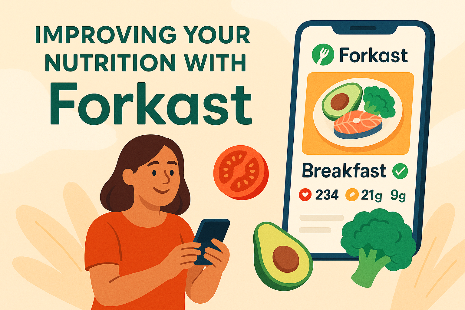 Text that reads, 'Improving your nutrition with Forkast' over a woman holding a smartphone and standing next to an oversized smartphone displaying a screen from the Forkast app.